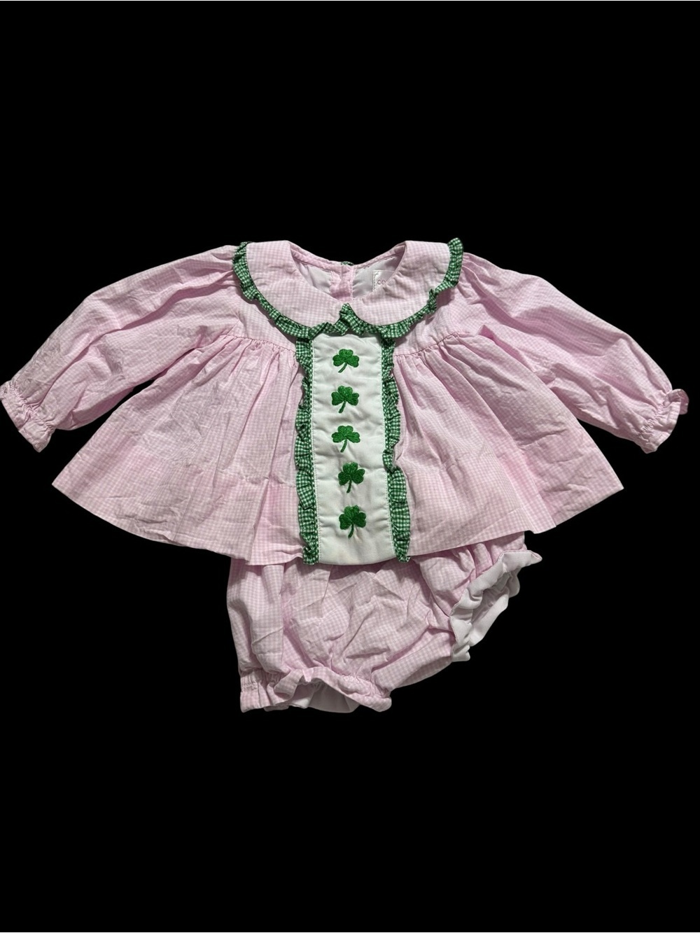 Pink Gingham Baby Matching Set with Green Shamrock Trim